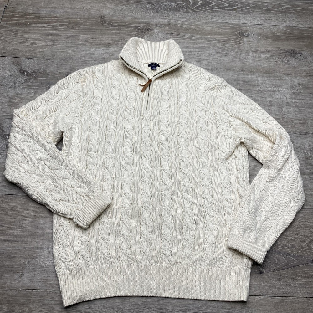 J.Crew Sweater Mens Large White Cotton Cable Knit 1/4 Zip Mock‎ Neck Pullover